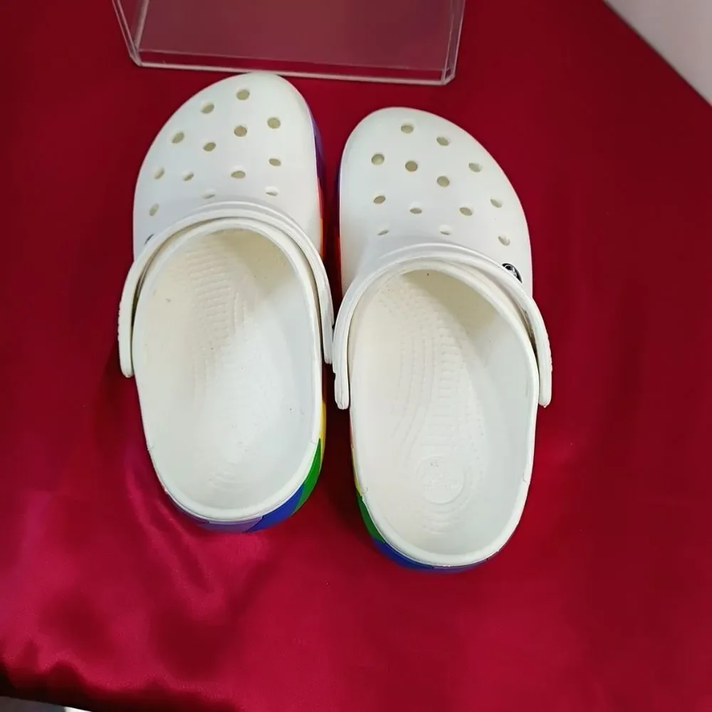 Crocs Men's SZ 5 Women's SZ 7 Rainbow Pride White Slip On Shoes Sandals
